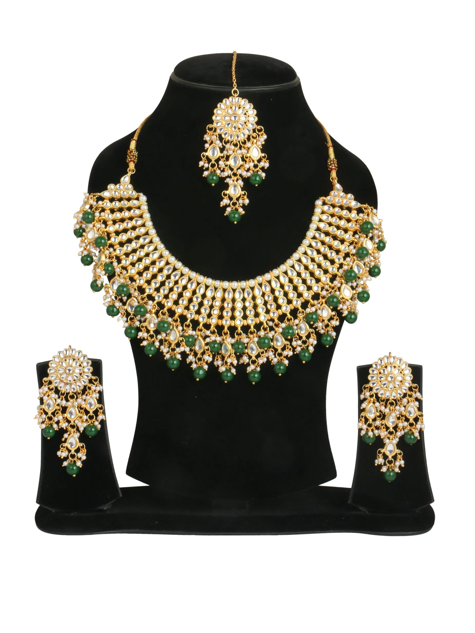 Kundan Choker Necklace set with Green Beads Tassels
