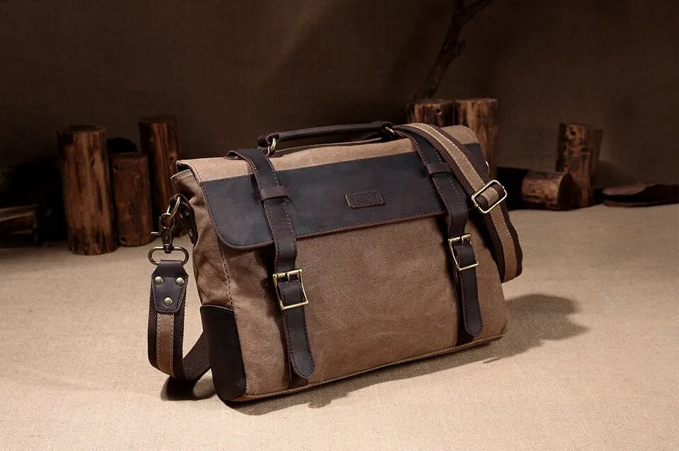 Laptop Carrying Bag Messenger Bag, Canvas & Leather, Gray/Tan, 14 inches