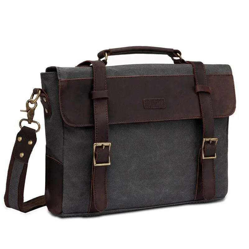 Laptop Carrying Bag Messenger Bag, Canvas & Leather, Gray/Tan, 14 inches