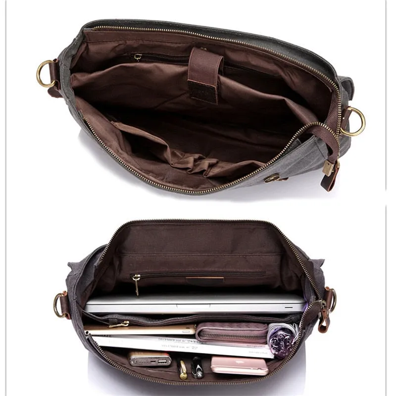 Laptop Carrying Bag Messenger Bag, Canvas & Leather, Gray/Tan, 14 inches