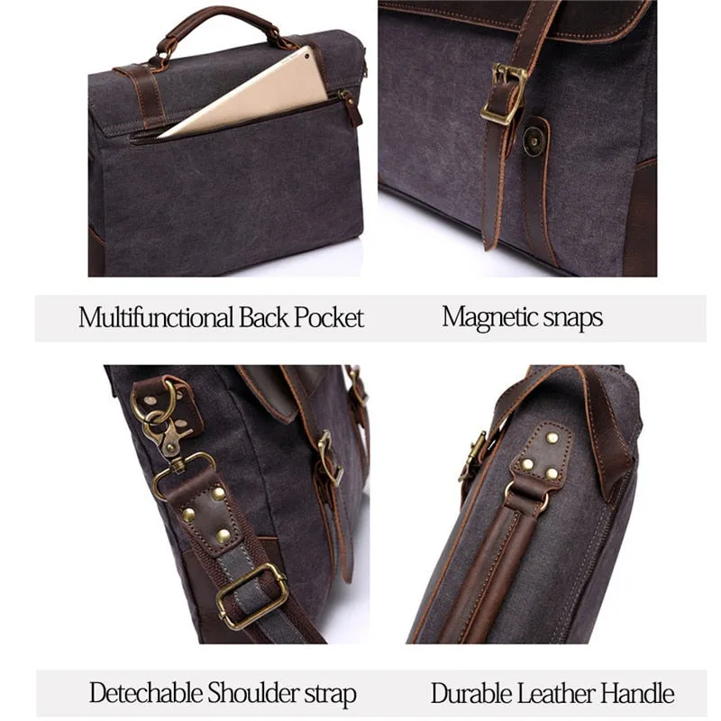 Laptop Carrying Bag Messenger Bag, Canvas & Leather, Gray/Tan, 14 inches