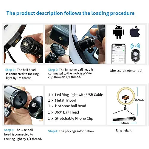 LED 10.2" Desktop Selfie Ring Light with Tripod Stand & Remote Control &10 Brightness Level & 3 Light Modes and 120 Bulbs 5500k for YouTube Video/Live Stream/Makeup/Photography for iPhone Android