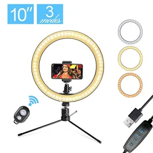 LED 10.2" Desktop Selfie Ring Light with Tripod Stand & Remote Control &10 Brightness Level & 3 Light Modes and 120 Bulbs 5500k for YouTube Video/Live Stream/Makeup/Photography for iPhone Android