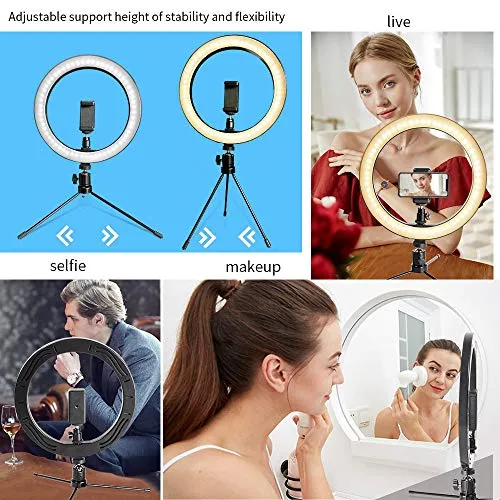 LED 10.2" Desktop Selfie Ring Light with Tripod Stand & Remote Control &10 Brightness Level & 3 Light Modes and 120 Bulbs 5500k for YouTube Video/Live Stream/Makeup/Photography for iPhone Android