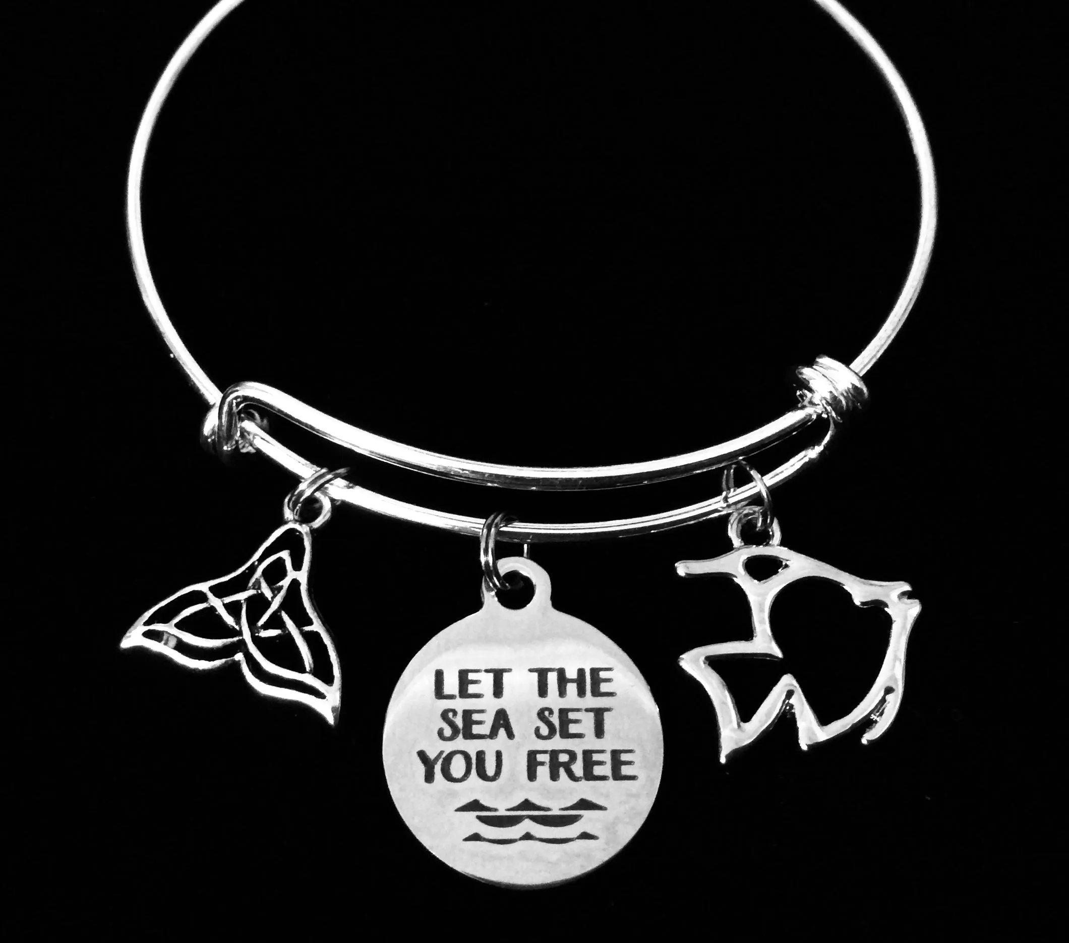 Let the Sea Set you Free Expandable Charm Bracelet Nautical Silver Adjustable Bangle One Size Fits All Gift Celtic Whale Tail Ocean Fish