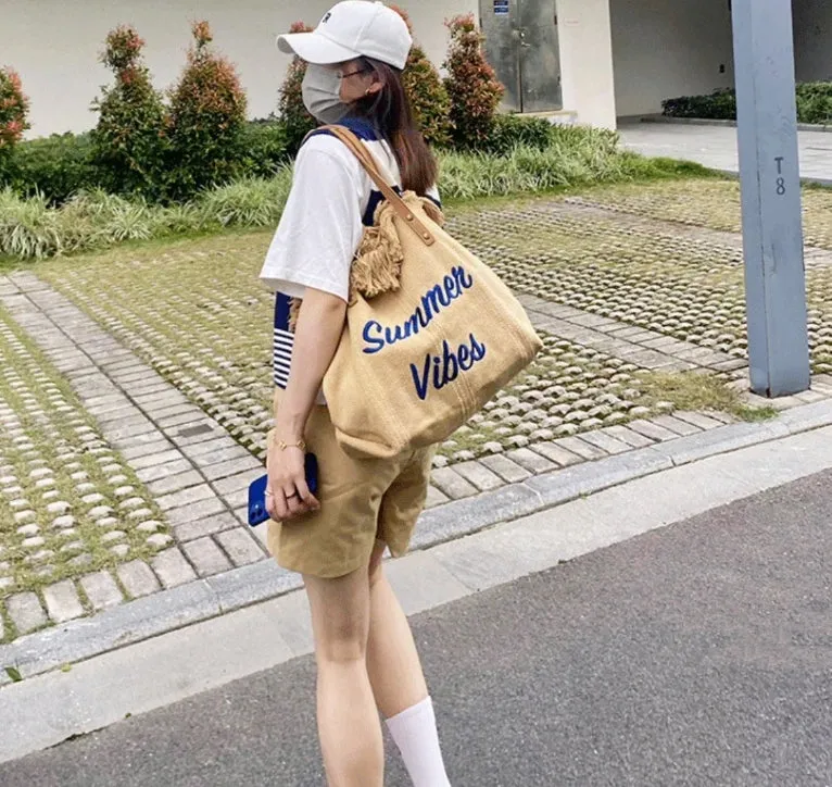 Letter Tassel Canvas Tote Shoulder Bag.W-240527-1