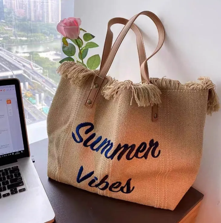 Letter Tassel Canvas Tote Shoulder Bag.W-240527-1