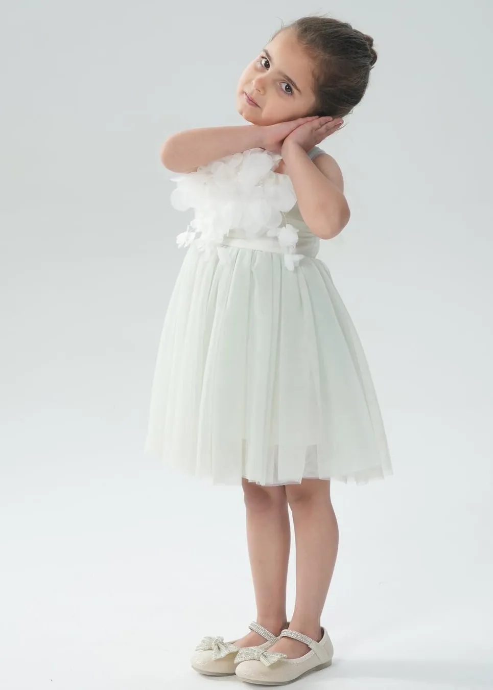 Lily Adjustable Strap Girl Dress in Sage 3D Flower Petal
