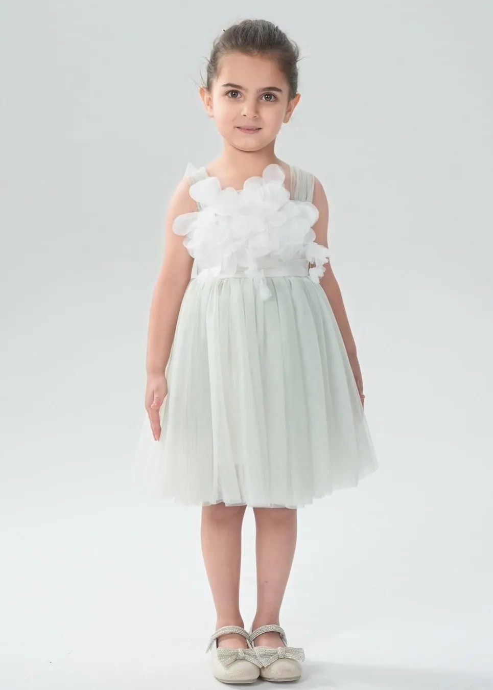 Lily Adjustable Strap Girl Dress in Sage 3D Flower Petal