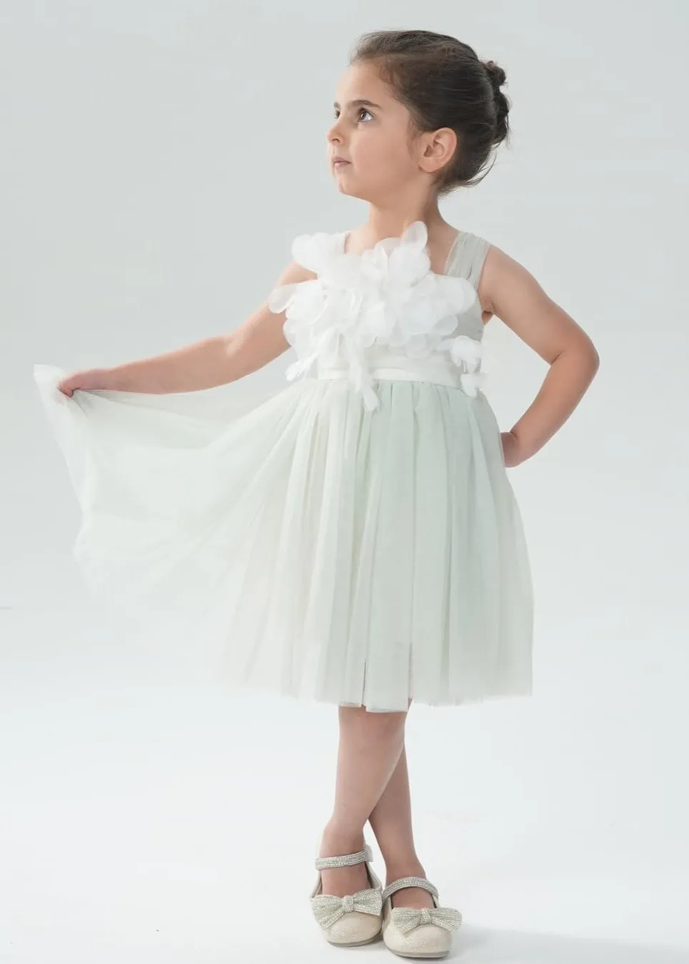 Lily Adjustable Strap Girl Dress in Sage 3D Flower Petal