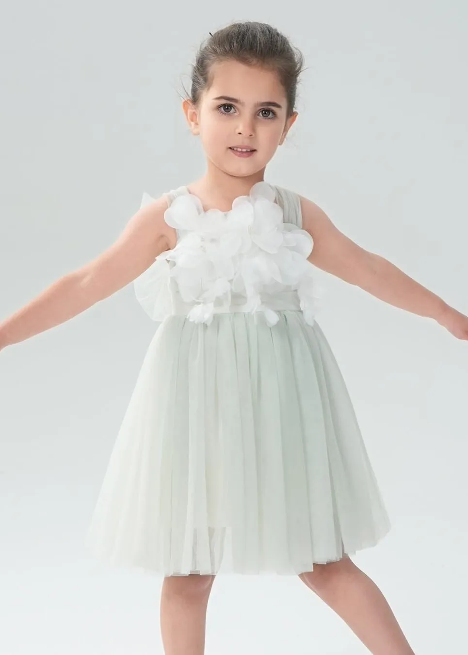 Lily Adjustable Strap Girl Dress in Sage 3D Flower Petal