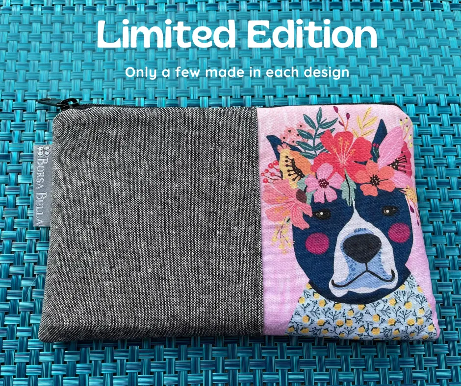 Limited Edition Catch All Zippered Pouch - Black and White Dog Pink Background