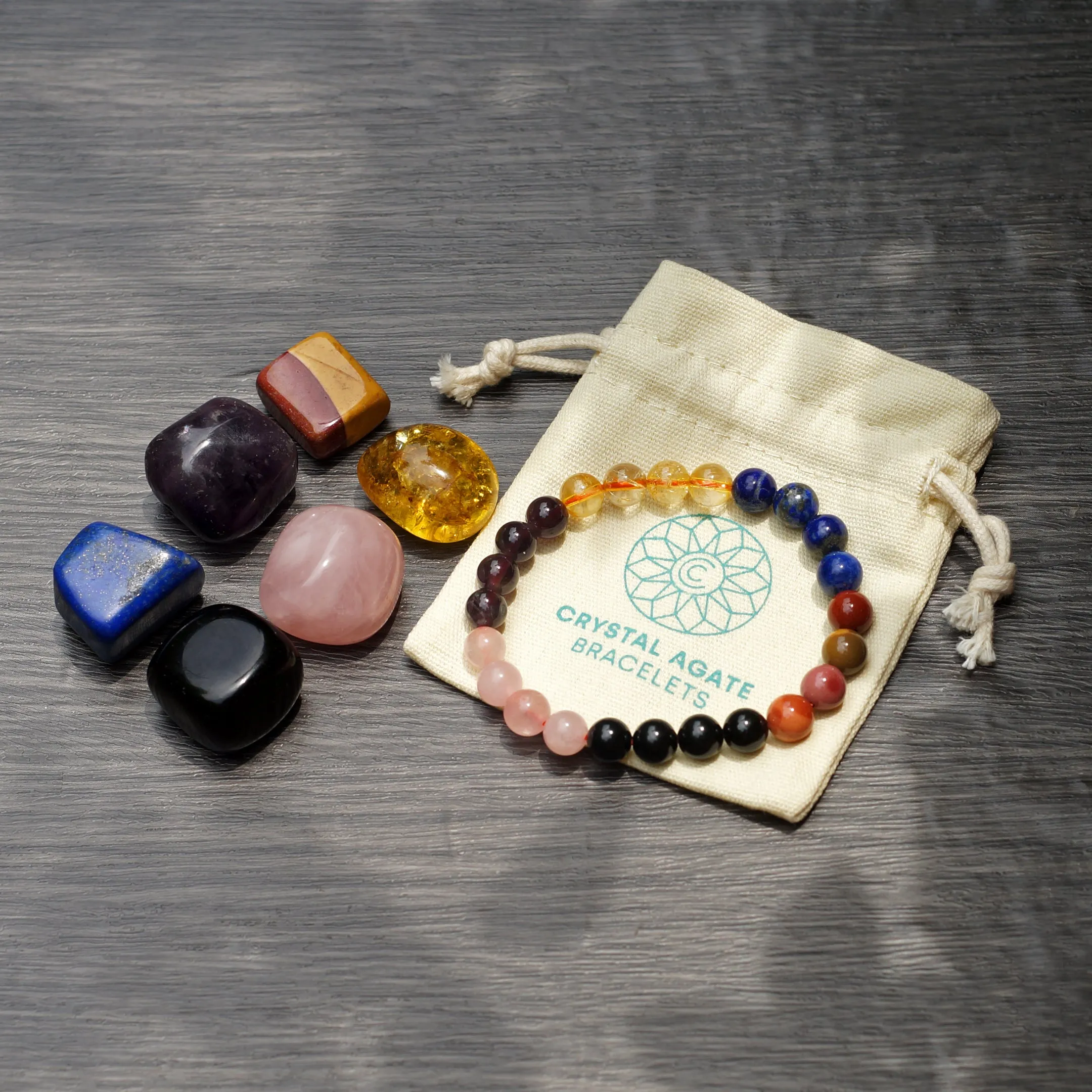 Love crystals set of 7 - Include 1 Stretchable bracelet & random natural shaped Rose Quartz, Citrine, Amethyst, Lapis Lazuli, Mookie jasper black tourmaline Palm Stones for Unconditional Love