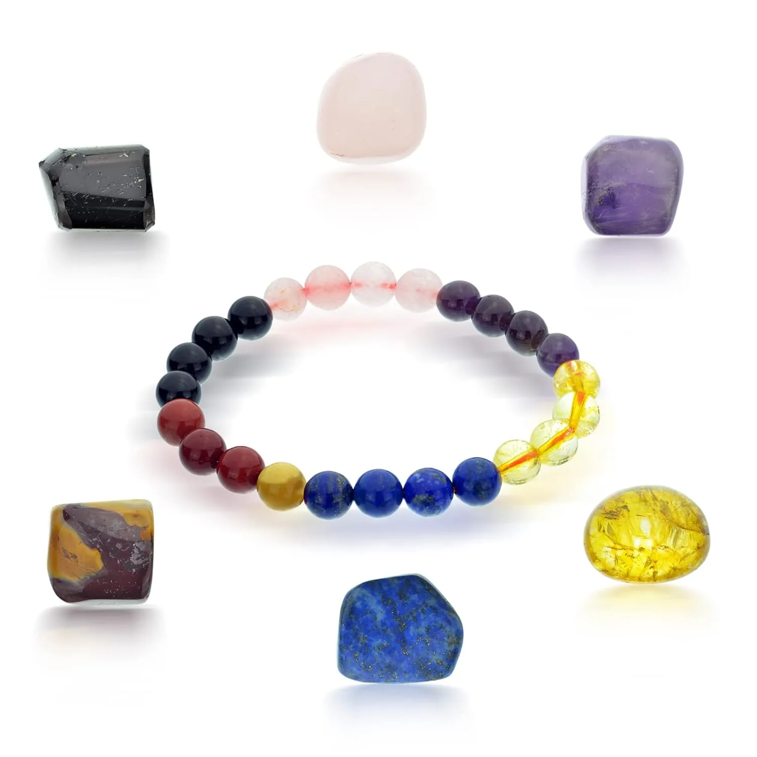 Love crystals set of 7 - Include 1 Stretchable bracelet & random natural shaped Rose Quartz, Citrine, Amethyst, Lapis Lazuli, Mookie jasper black tourmaline Palm Stones for Unconditional Love