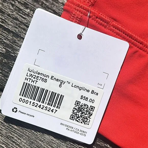 Lululemon Energy Longline Bra Medium Support, B–D Cups Hot Heat size 6 NWT