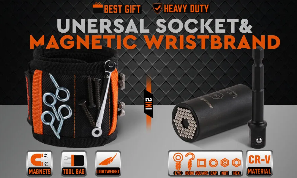 Magnetic Wristband & Universal Socket Grip Tool Set - 7-19mm - Handyman's Essential