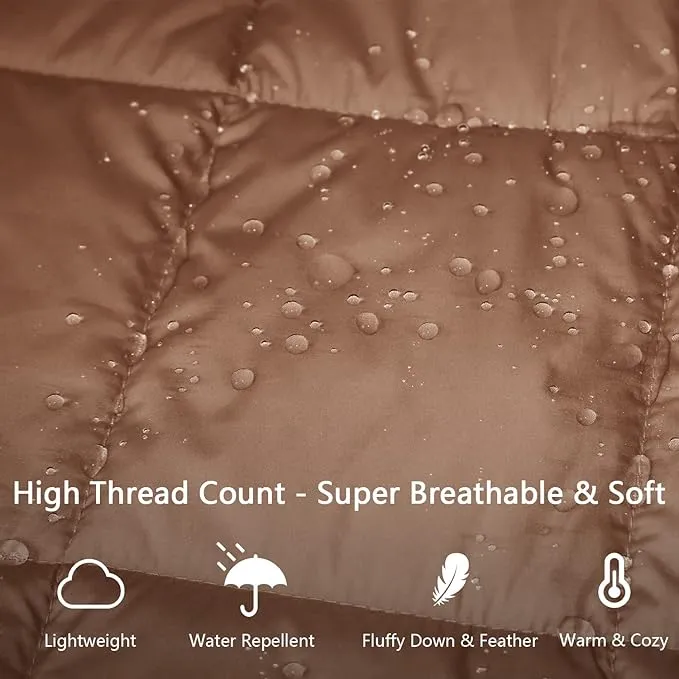 Mini Down Camping Blanket,Puffy Down Blanket Packable Lightweight Down Throw Quilt Water-Resistant Outdoor Travel Blanket for Camping,Hiking,Stadium,Picnic,Car 35x59''Brown