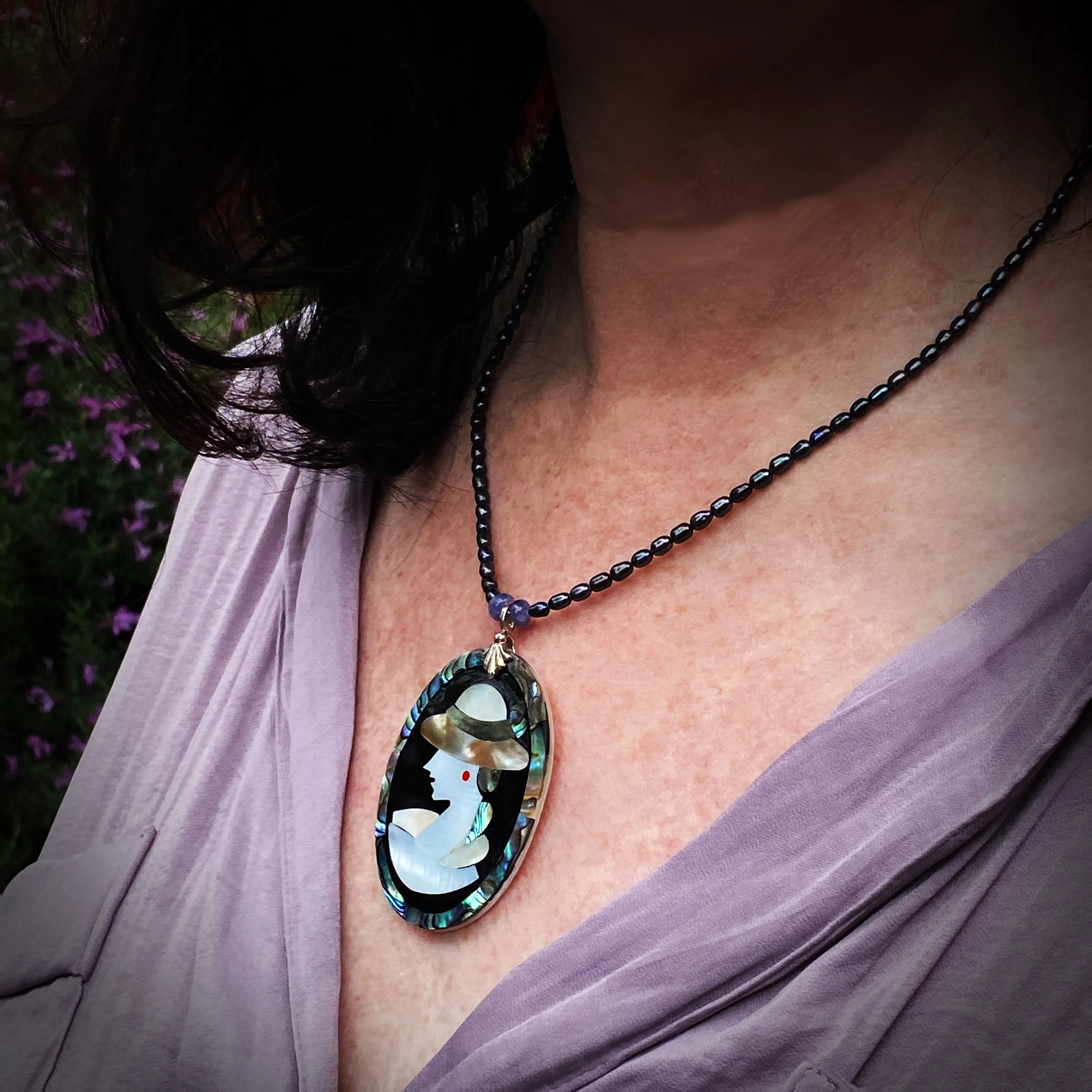Mother of Pearl Cameo pendant, fresh water pearls & Tanzanite gemstone necklace