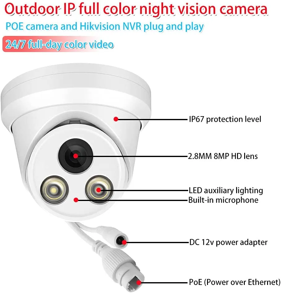 New Compatible for Hikvision 8MP POE IP Camera , 24/7 Full Time Color Night Vision,2.8mm Fixed Lens,Built-in Microphone,WDR,P67 Waterproof,Motion Detection(PG2387C) no instruction book can find easily online if needed