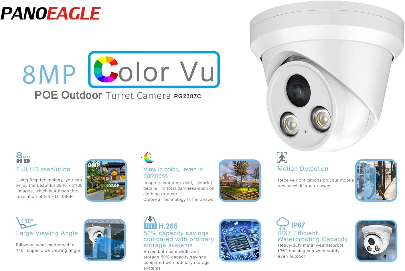 New Compatible for Hikvision 8MP POE IP Camera , 24/7 Full Time Color Night Vision,2.8mm Fixed Lens,Built-in Microphone,WDR,P67 Waterproof,Motion Detection(PG2387C) no instruction book can find easily online if needed