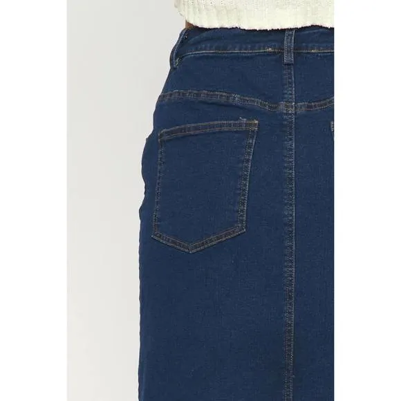 NEW ENTRO mid length denim skirt in dark wash