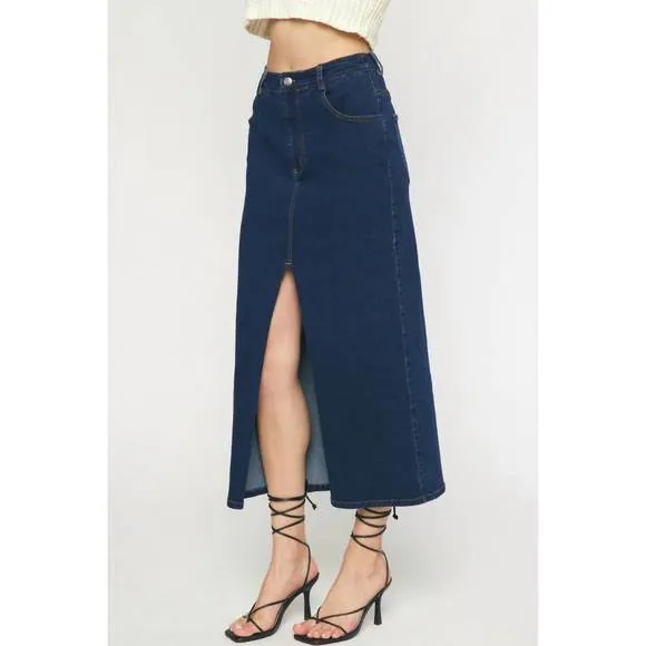 NEW ENTRO mid length denim skirt in dark wash
