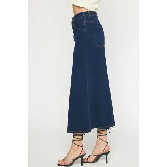 NEW ENTRO mid length denim skirt in dark wash