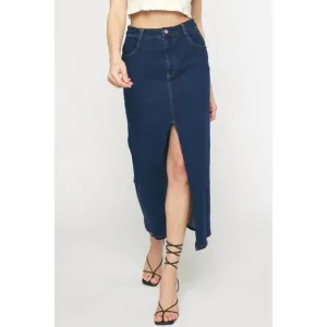 NEW ENTRO mid length denim skirt in dark wash