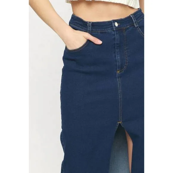NEW ENTRO mid length denim skirt in dark wash