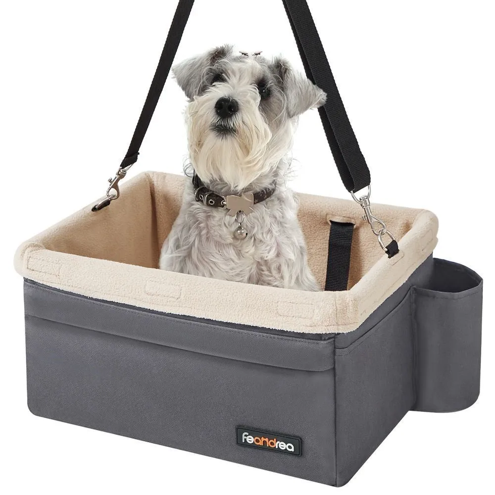 New Feandrea Dog Car Seat, Booster Seat for Small Pets up to 8.2kg, with Adjustable Straps, Removable Washable Liner, 4 Pockets, Grey and Beige, Dogs up to 18 lb!