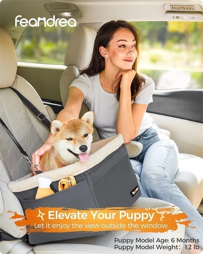 New Feandrea Dog Car Seat, Booster Seat for Small Pets up to 8.2kg, with Adjustable Straps, Removable Washable Liner, 4 Pockets, Grey and Beige, Dogs up to 18 lb!