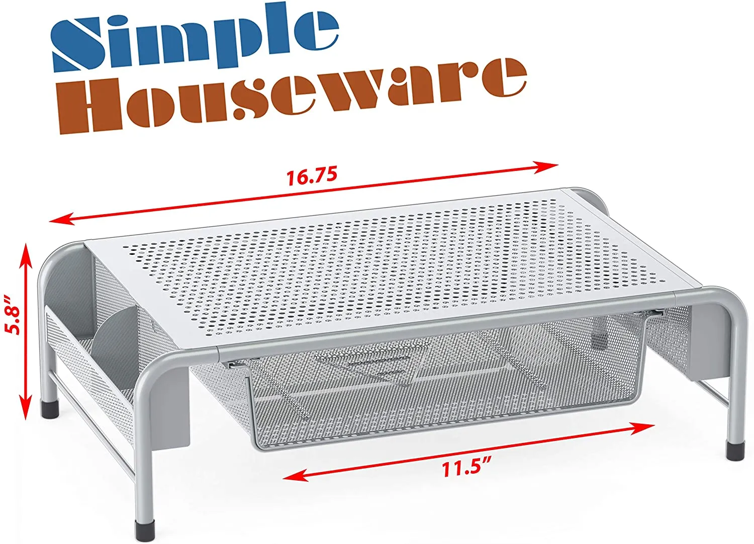 New in box! SimpleHouseware Metal Desk Monitor Stand Riser with Organizer Drawer, Silver