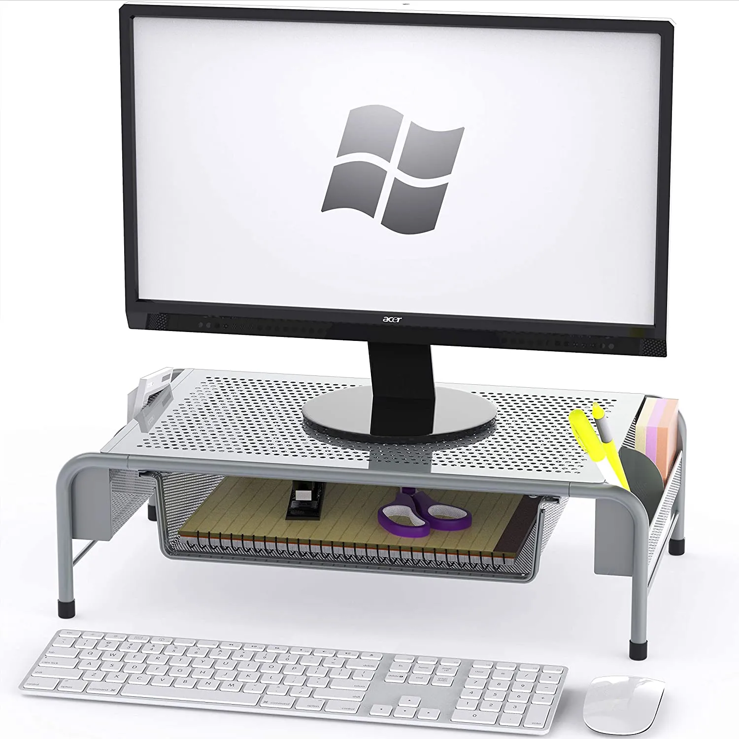 New in box! SimpleHouseware Metal Desk Monitor Stand Riser with Organizer Drawer, Silver