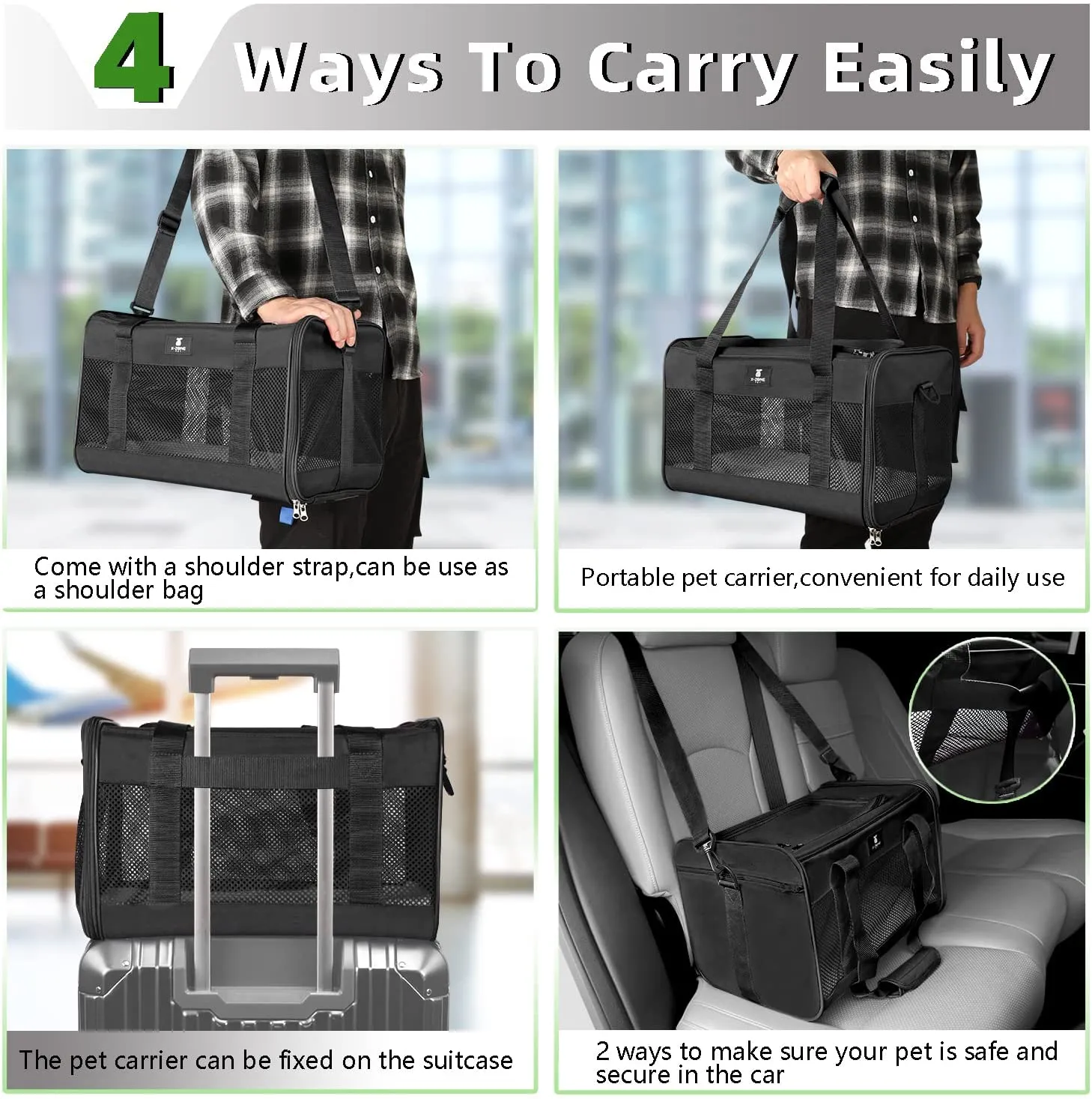 New X-ZONE PET Cat Carrier Dog Carrier Pet Carrier for Small Medium Cats Dogs Puppies of 15 Lbs,Airline Approved Soft Sided Pet Travel Carrier,Dog Carriers for Small Dogs - Black Large!
