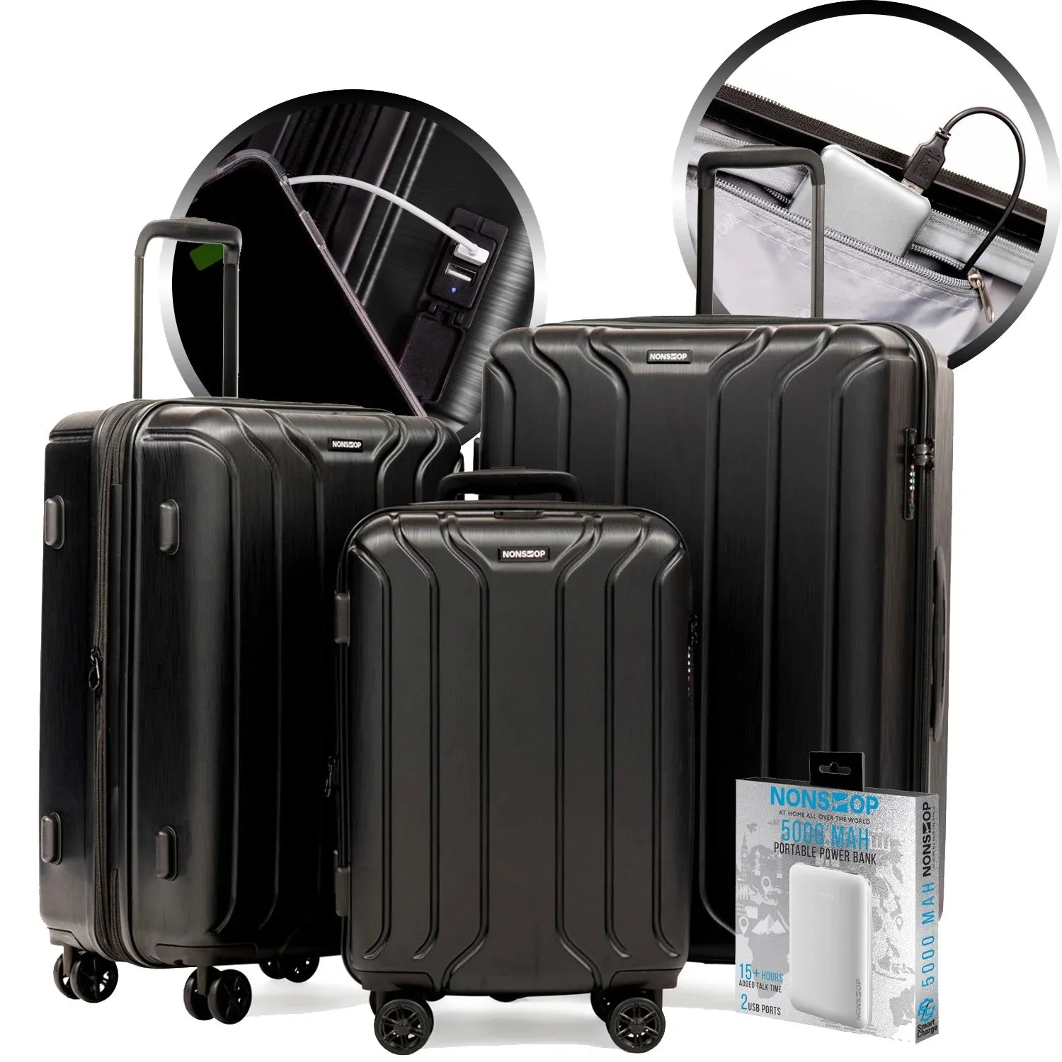 NEW YORK Luggage Expandable Spinner Wheels Hard Side Shell Travel Suitcase Set 3 Piece Lightweight, TSA Lock, Double USB Port   2 Packing Cubes (Black, 3-Piece Set (20/24/28) W/ Power Bank)