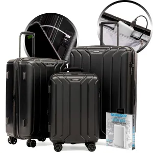 NEW YORK Luggage Expandable Spinner Wheels Hard Side Shell Travel Suitcase Set 3 Piece Lightweight, TSA Lock, Double USB Port   2 Packing Cubes (Black, 3-Piece Set (20/24/28) W/ Power Bank)