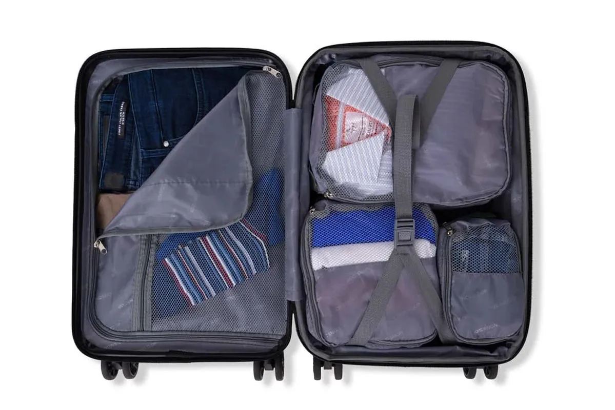 NEW YORK Luggage Expandable Spinner Wheels Hard Side Shell Travel Suitcase Set 3 Piece Lightweight, TSA Lock, Double USB Port   2 Packing Cubes (Burgundy, 3-Piece Set (20/24/28))