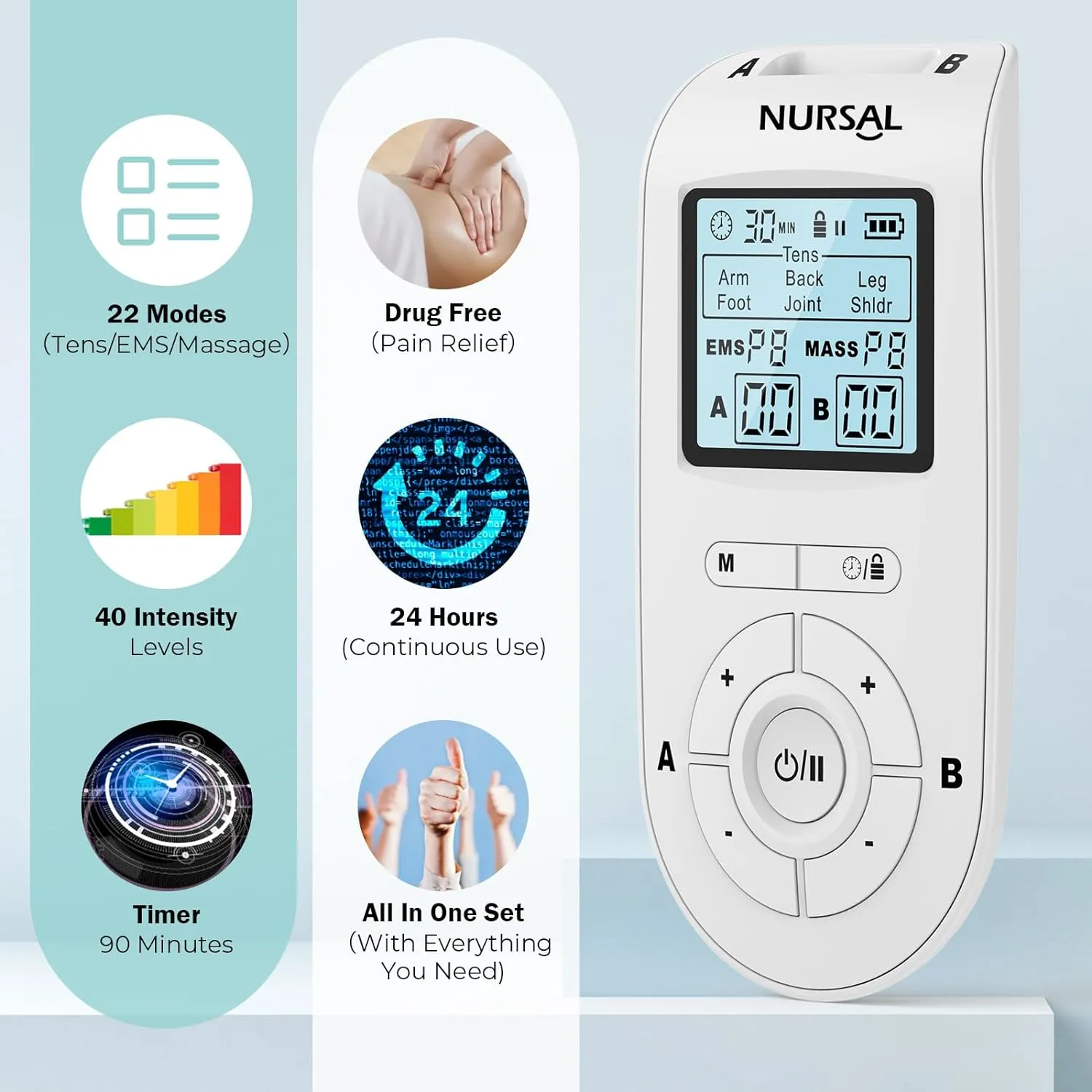 NURSAL 3-in-1 Tens Unit Muscle Stimulator Machine, Dual Channel Electronic Pulse Massager, Tens Ems Machine with 40 Intensities for Gradual Pain Relief Therapy
