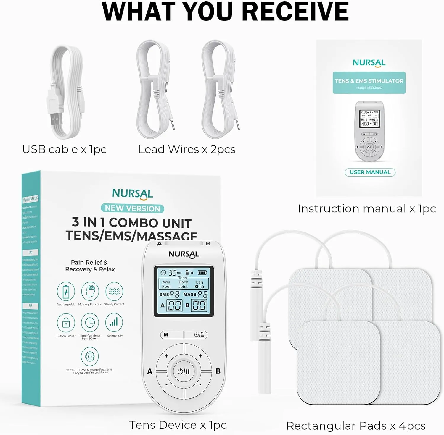 NURSAL 3-in-1 Tens Unit Muscle Stimulator Machine, Dual Channel Electronic Pulse Massager, Tens Ems Machine with 40 Intensities for Gradual Pain Relief Therapy