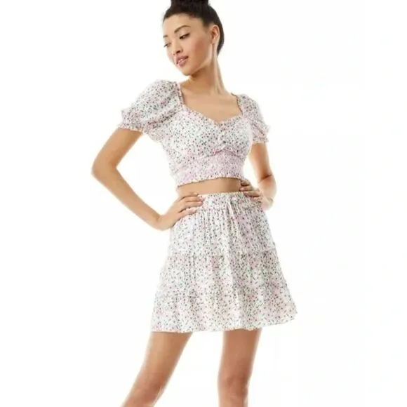 NWT Alice   Olivia Vinita Drawstring Ruffle Panel Skirt in Pink