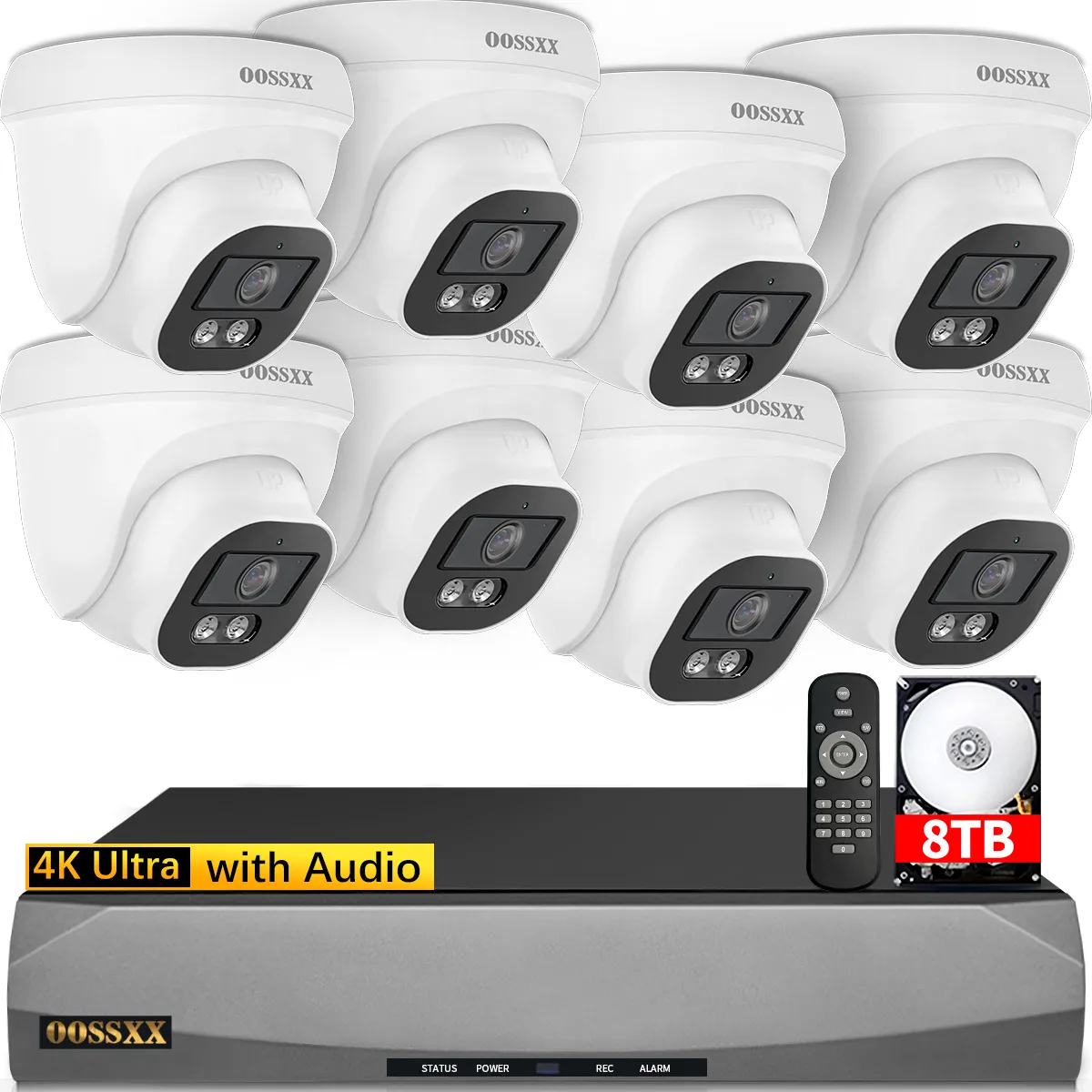 OOSSXX (4K/8.0 Megapixel & 130° Ultra Wide-Angle) with Audio PoE Dome Outdoor Home Security Camera System, Wired Outdoor Surveillance IP Cameras System