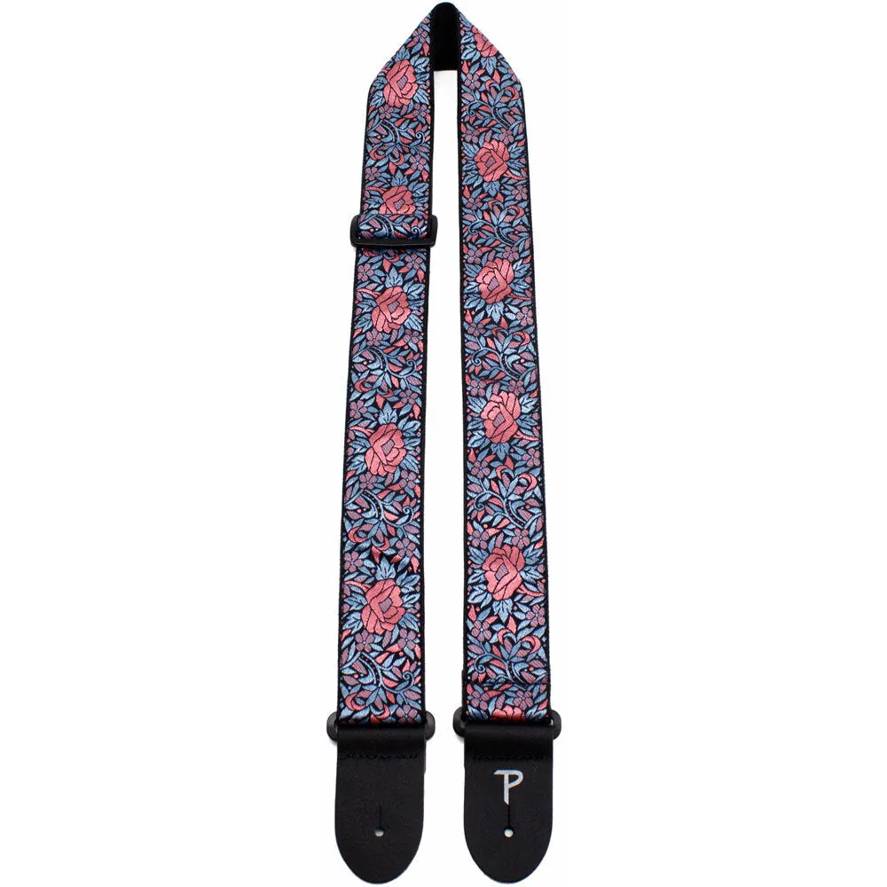 Perris 2" Jacquard Guitar Strap with Blue & Red Flower Pattern with Leather ends