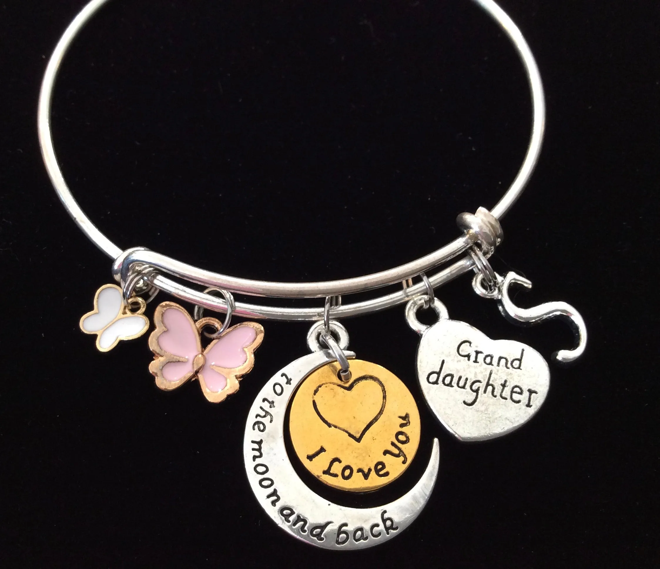 Personalized Gift for Granddaughter I Love You to the Moon and Back Adjustable One Size Fits All Charm Bracelet Expandable