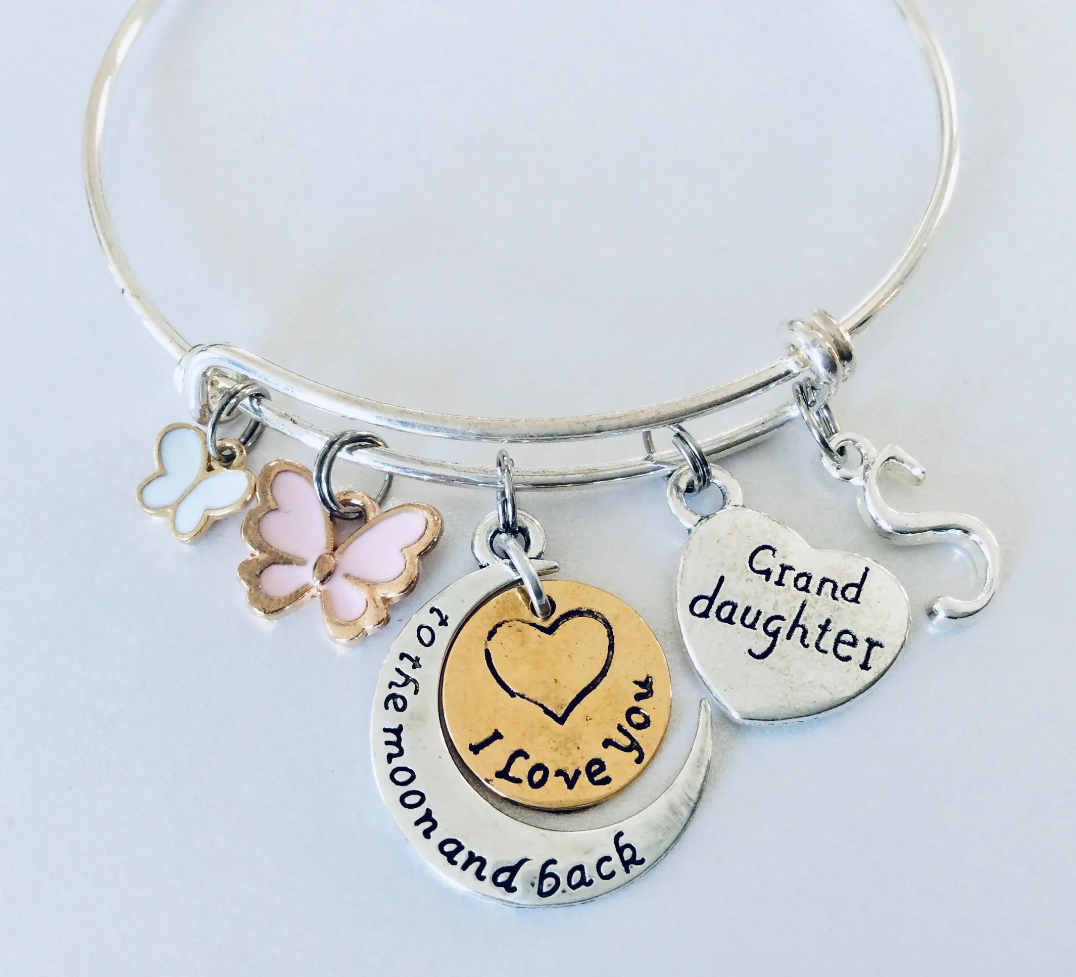 Personalized Gift for Granddaughter I Love You to the Moon and Back Adjustable One Size Fits All Charm Bracelet Expandable