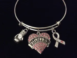 Pink Breast Cancer Fighter Awareness Ribbon Adjustable Bracelet Expandable Silver Charm Bangle Inspirational Gift Boxing Gloves Crystal Heart