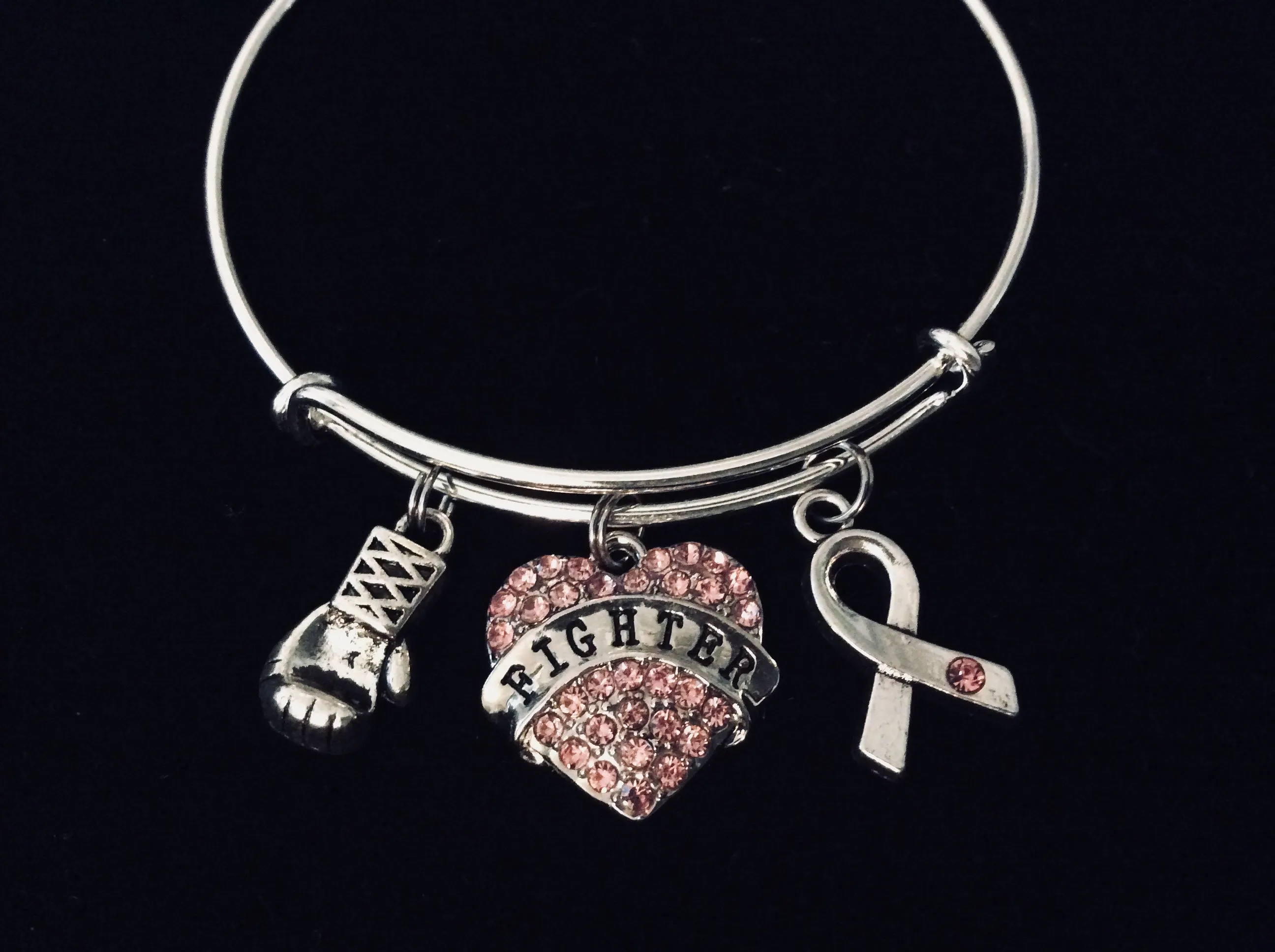Pink Breast Cancer Fighter Awareness Ribbon Adjustable Bracelet Expandable Silver Charm Bangle Inspirational Gift Boxing Gloves Crystal Heart