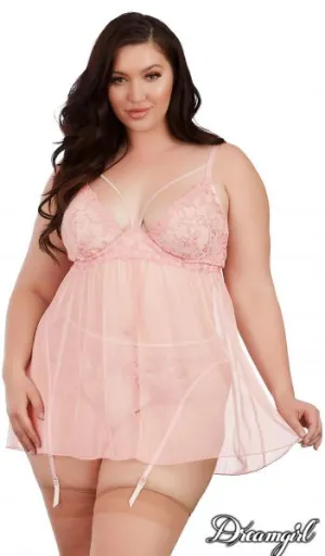 Pink Champagne - Flyaway Babydoll with Matching Garter Belt and G-String -