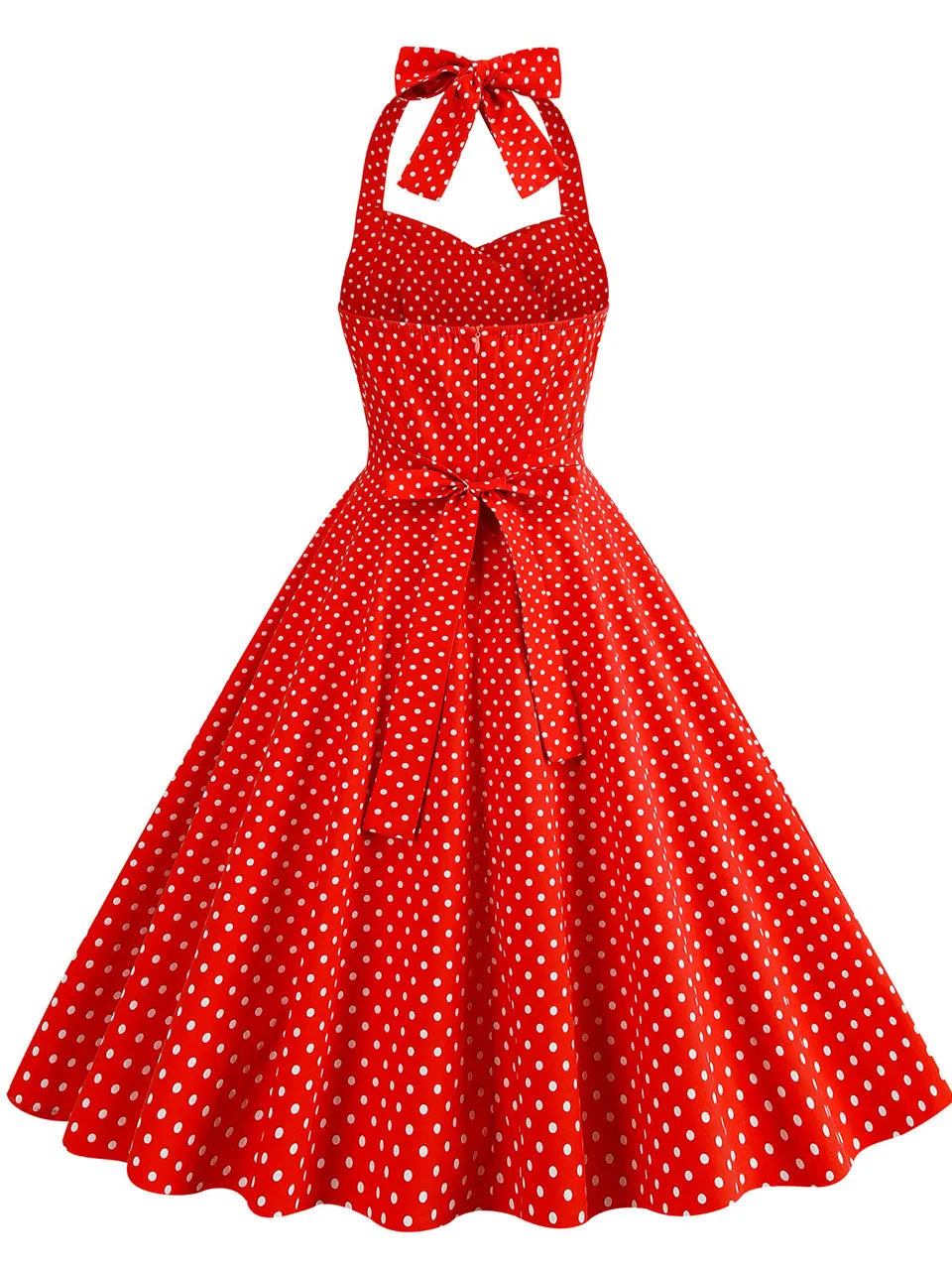 Red Polka Dots Vintage Halter Strap Backless 1950S Vintage Dress With Pockets