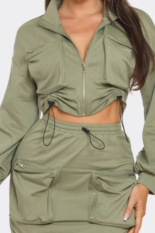 So Bomb Drawstring Cargo Pocket Skirt Set - Olive