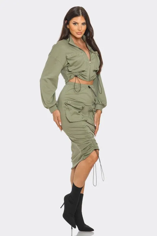 So Bomb Drawstring Cargo Pocket Skirt Set - Olive
